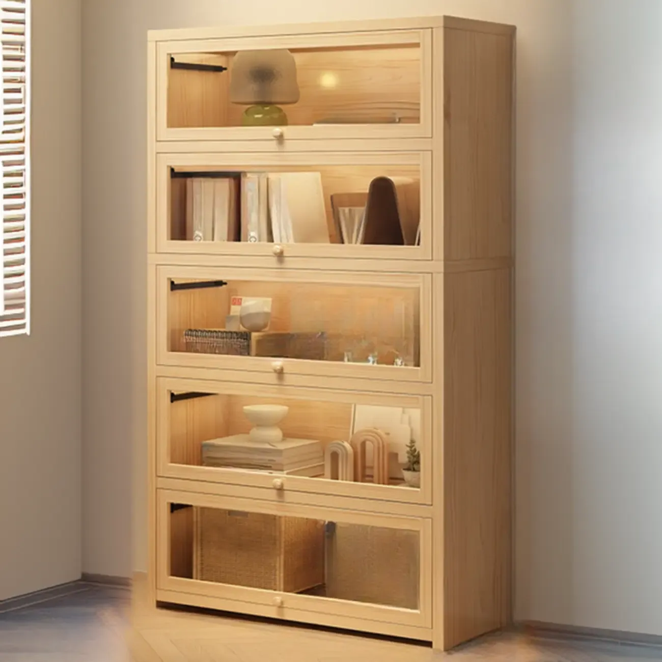 Natural Finish Flip-Top Wooden Bookcase with Glass Doors Image - 13