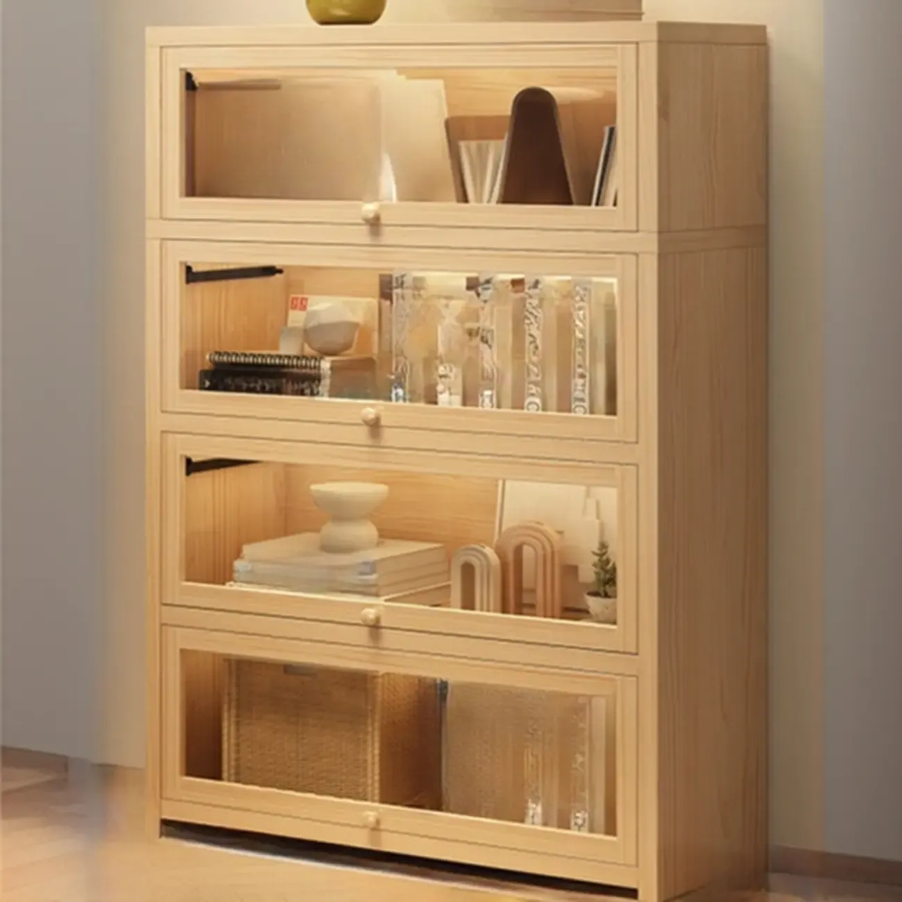 Natural Finish Flip-Top Wooden Bookcase with Glass Doors Image - 14