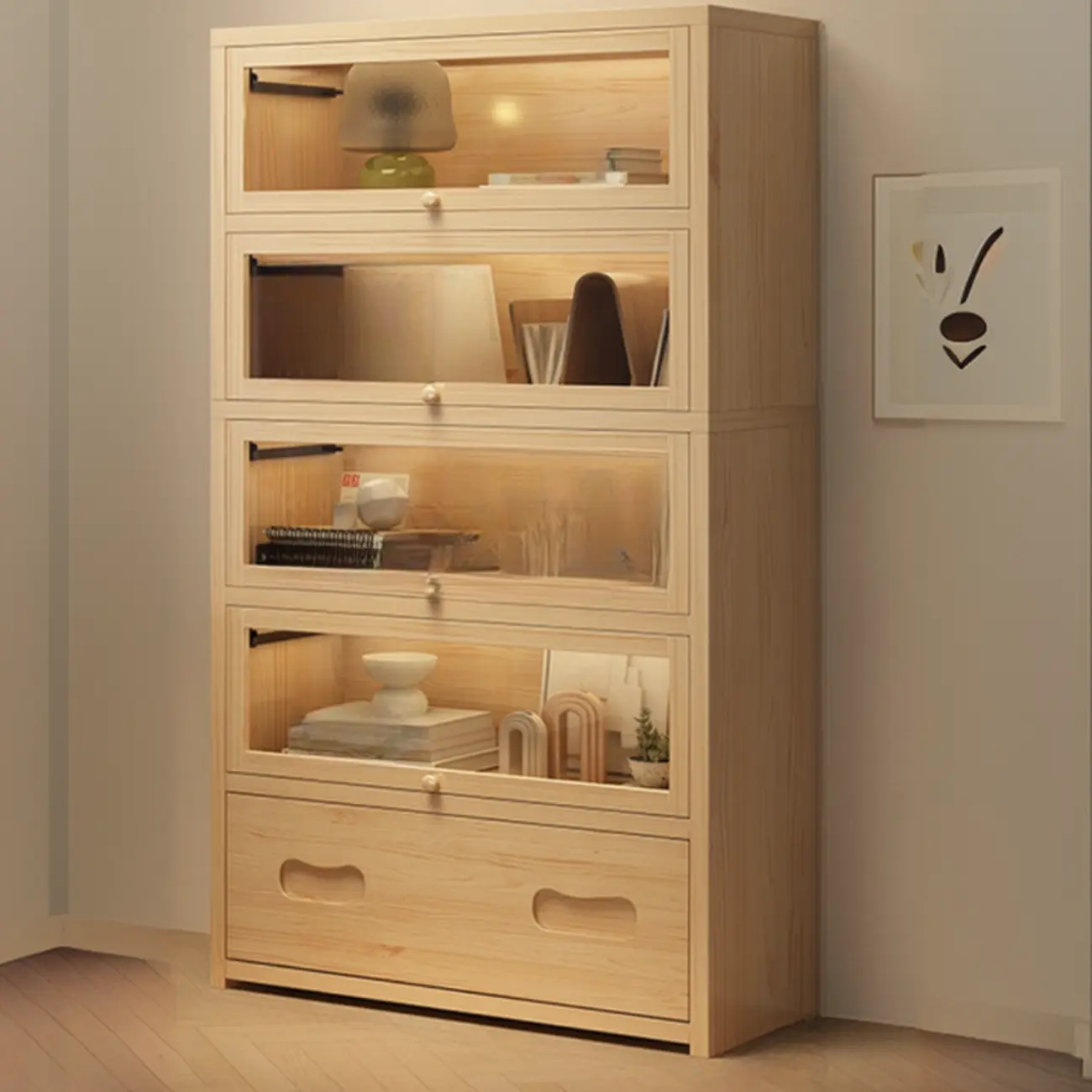 Natural Finish Flip-Top Wooden Bookcase with Glass Doors Image - 15 | homeyfad