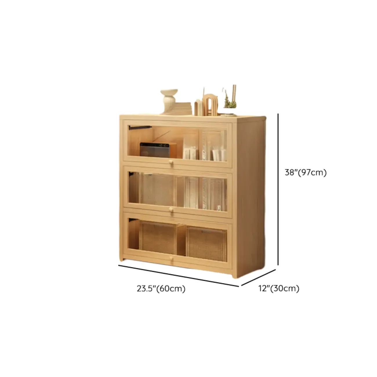 Natural Finish Flip-Top Wooden Bookcase with Glass Doors #size
