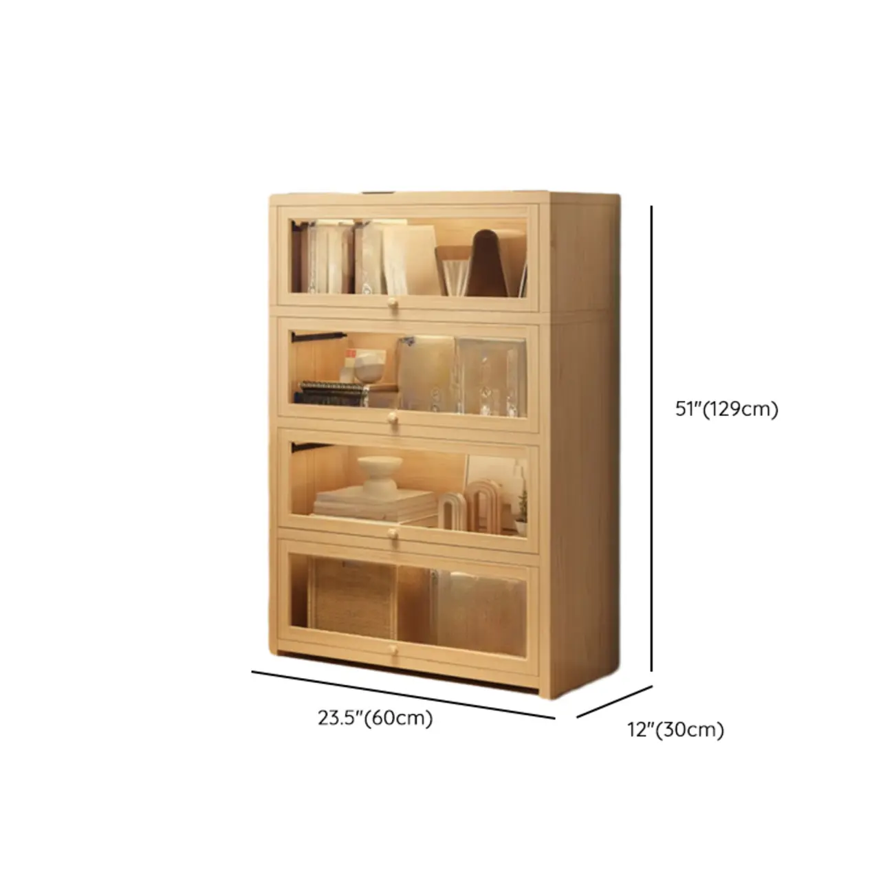 Natural Finish Flip-Top Wooden Bookcase with Glass Doors Image - 17 | homeyfad