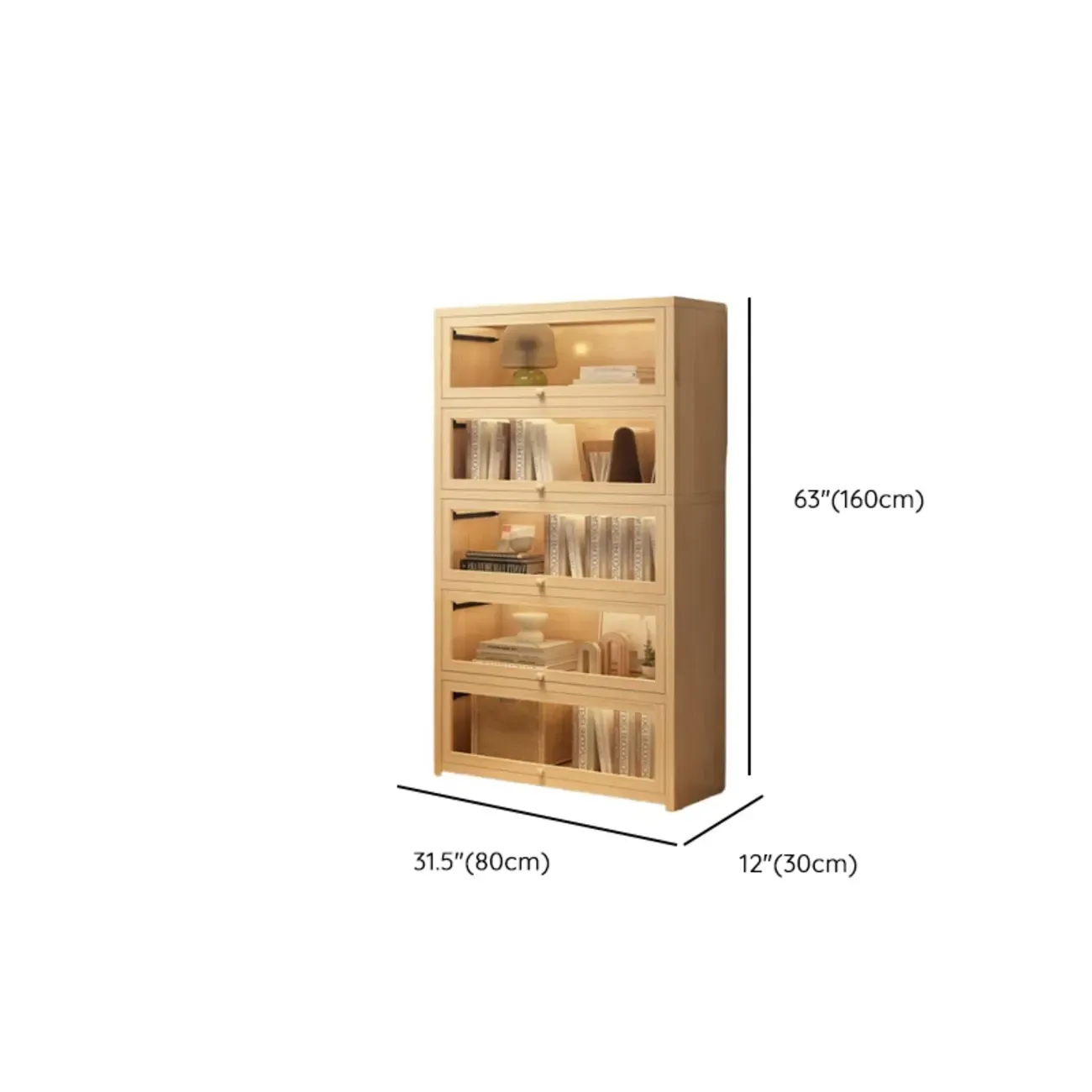Natural Finish Flip-Top Wooden Bookcase with Glass Doors Image - 19