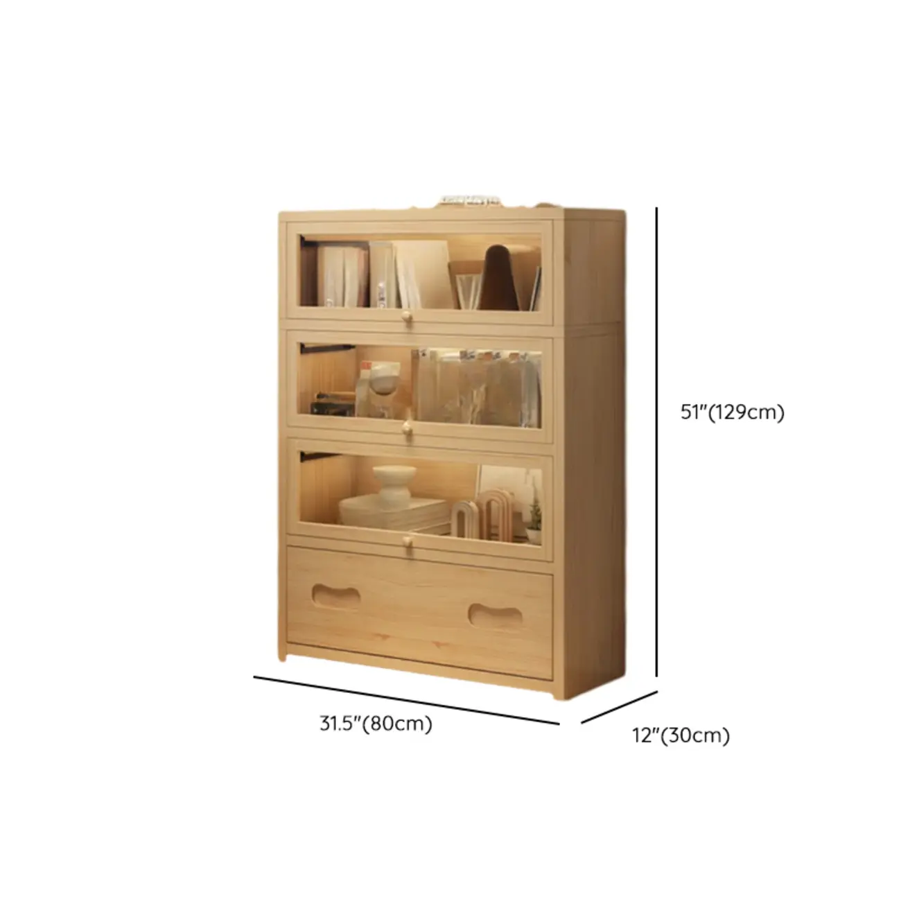 Natural Finish Flip-Top Wooden Bookcase with Glass Doors Image - 21 | homeyfad