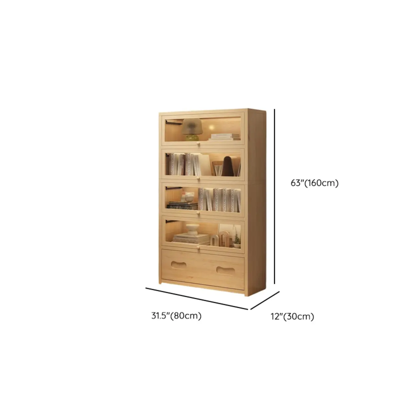 Natural Finish Flip-Top Wooden Bookcase with Glass Doors Image - 22 | homeyfad