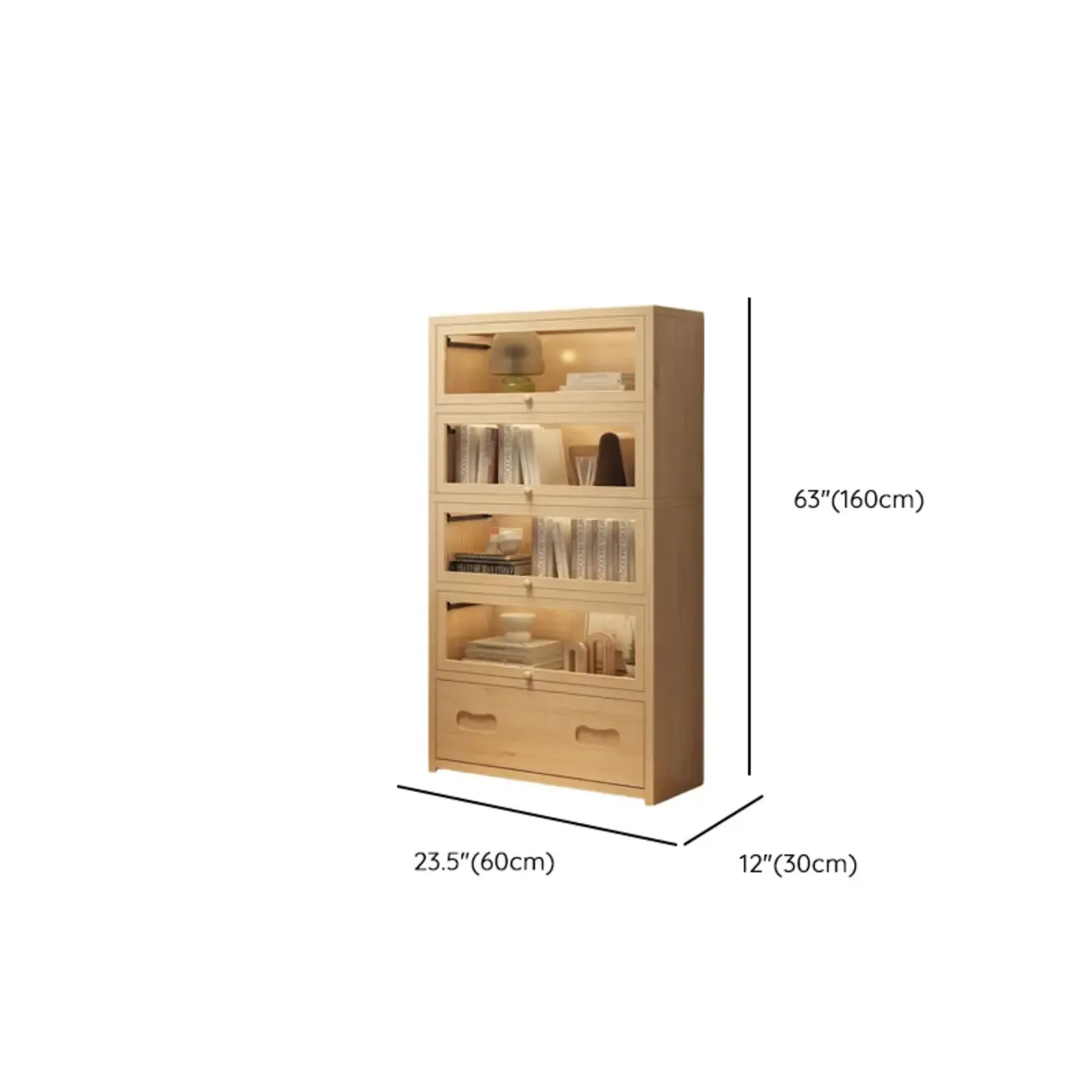 Natural Finish Flip-Top Wooden Bookcase with Glass Doors Image - 23