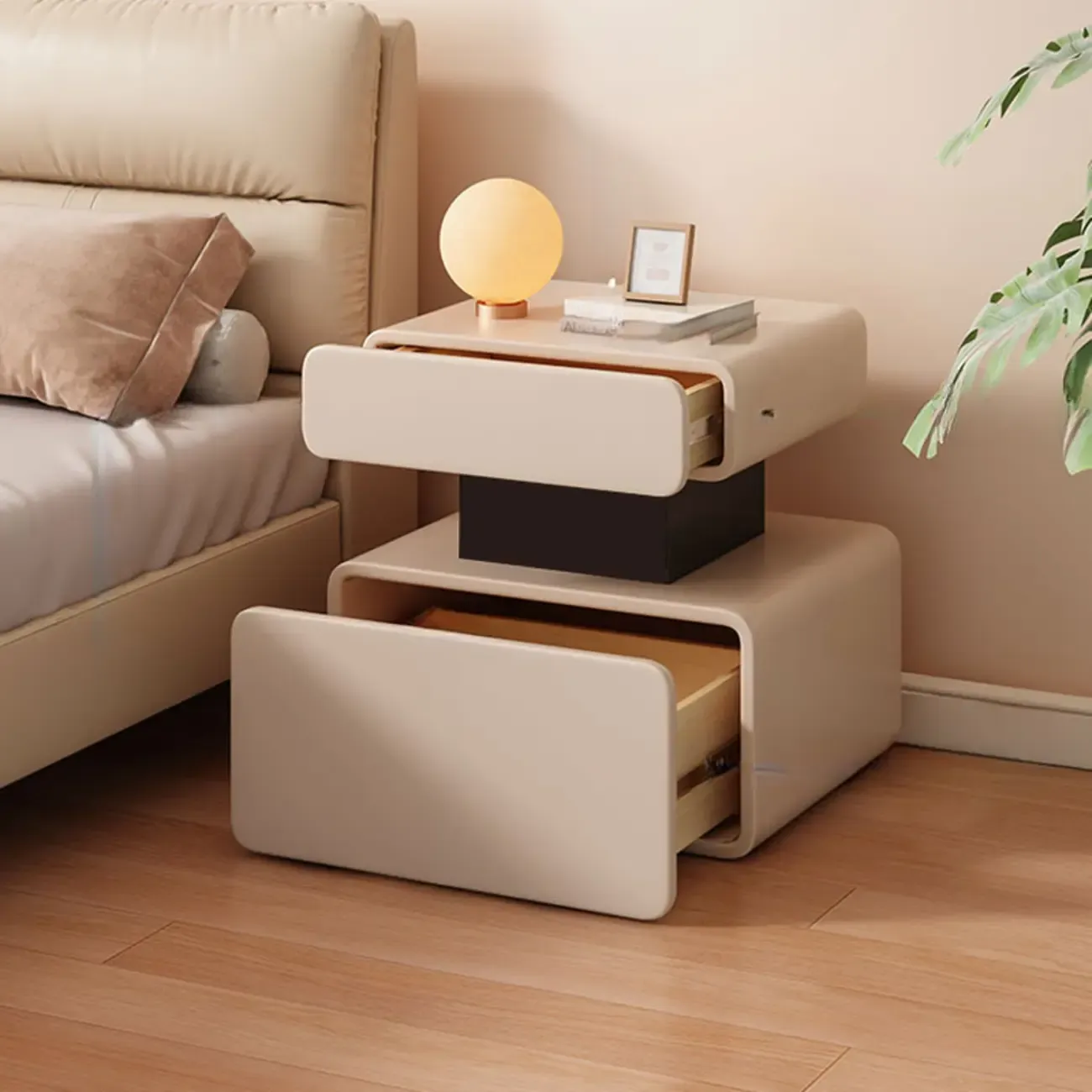 Art Deco Faux Leather Modern Bedroom Nightstand 2 Drawers Image - 4