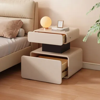 Art Deco Faux Leather Modern Bedroom Nightstand 2 Drawers Image - 4