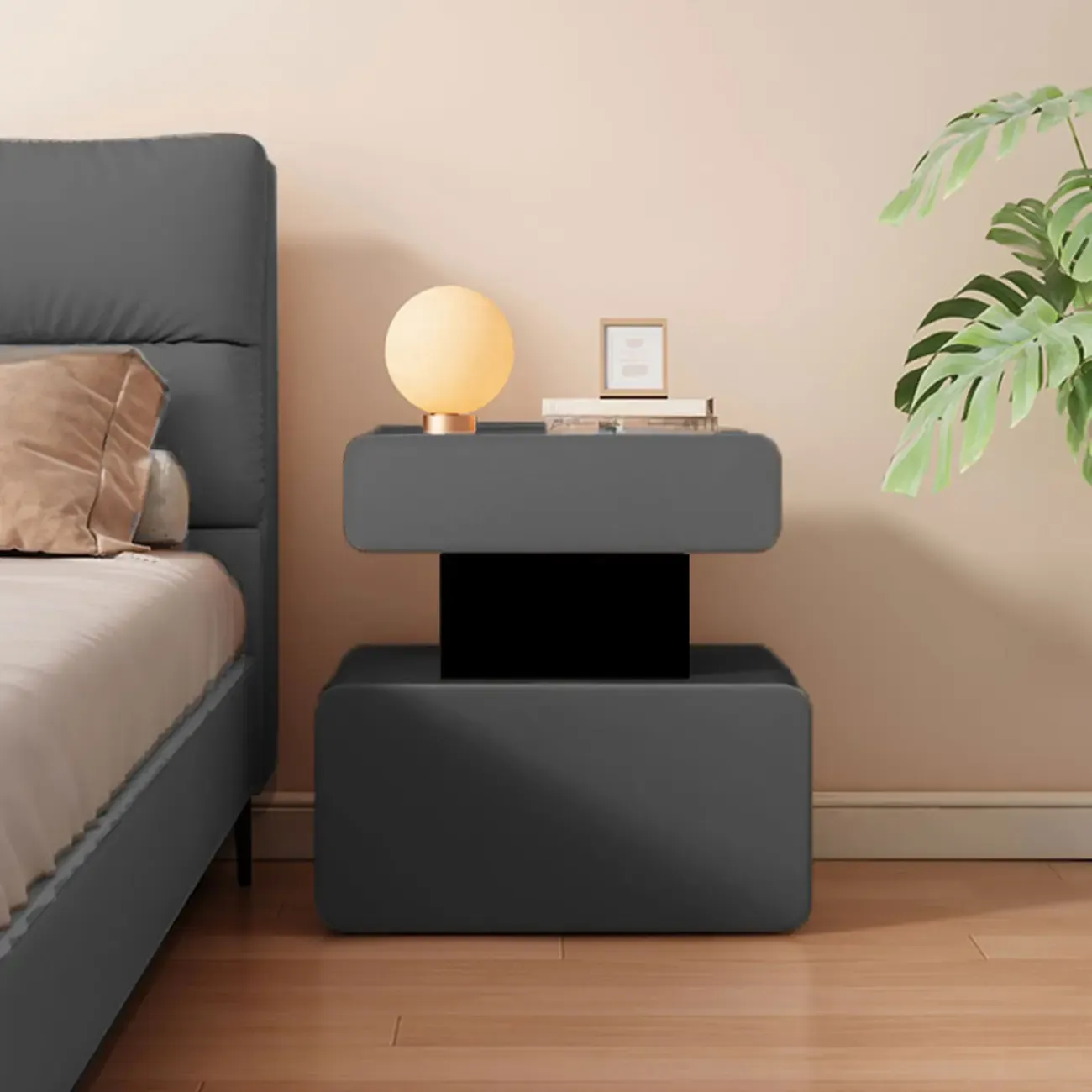 Art Deco Faux Leather Modern Bedroom Nightstand 2 Drawers Image - 7