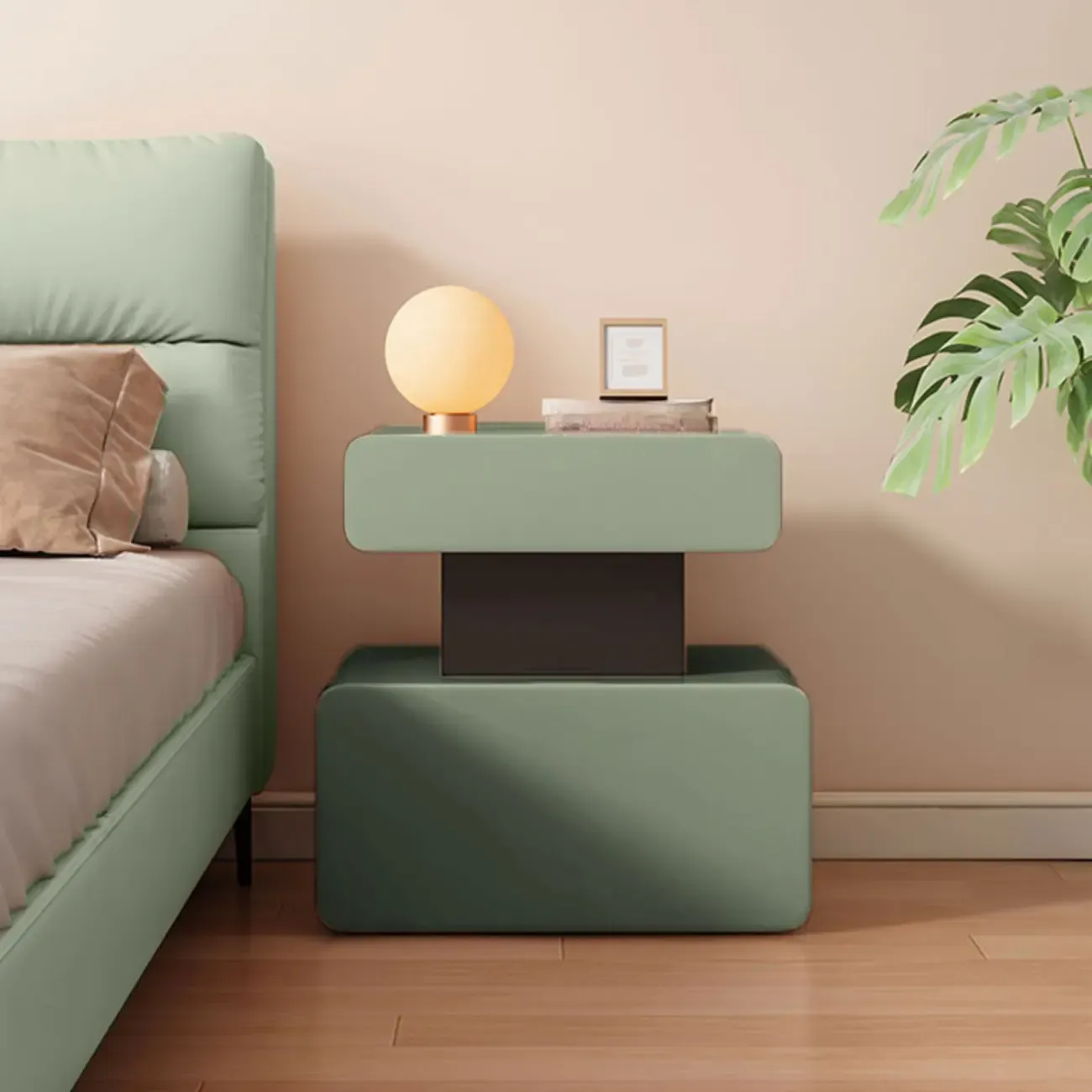 Art Deco Faux Leather Modern Bedroom Nightstand 2 Drawers Image - 9