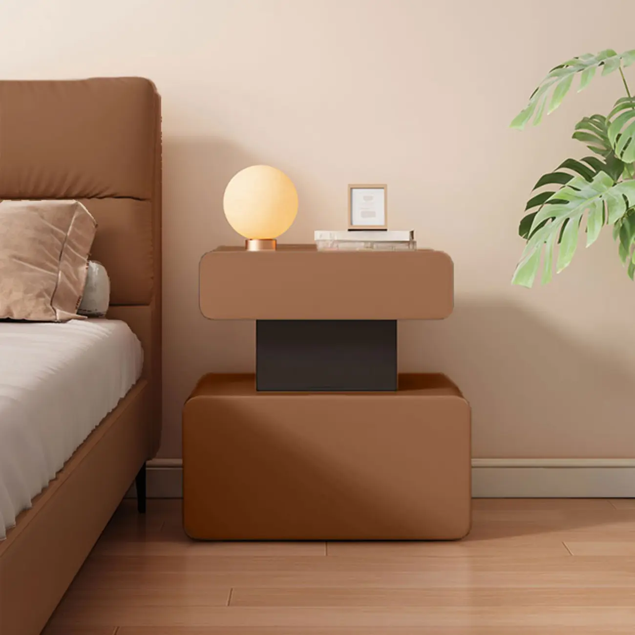 Art Deco Faux Leather Modern Bedroom Nightstand 2 Drawers Image - 13 | homeyfad