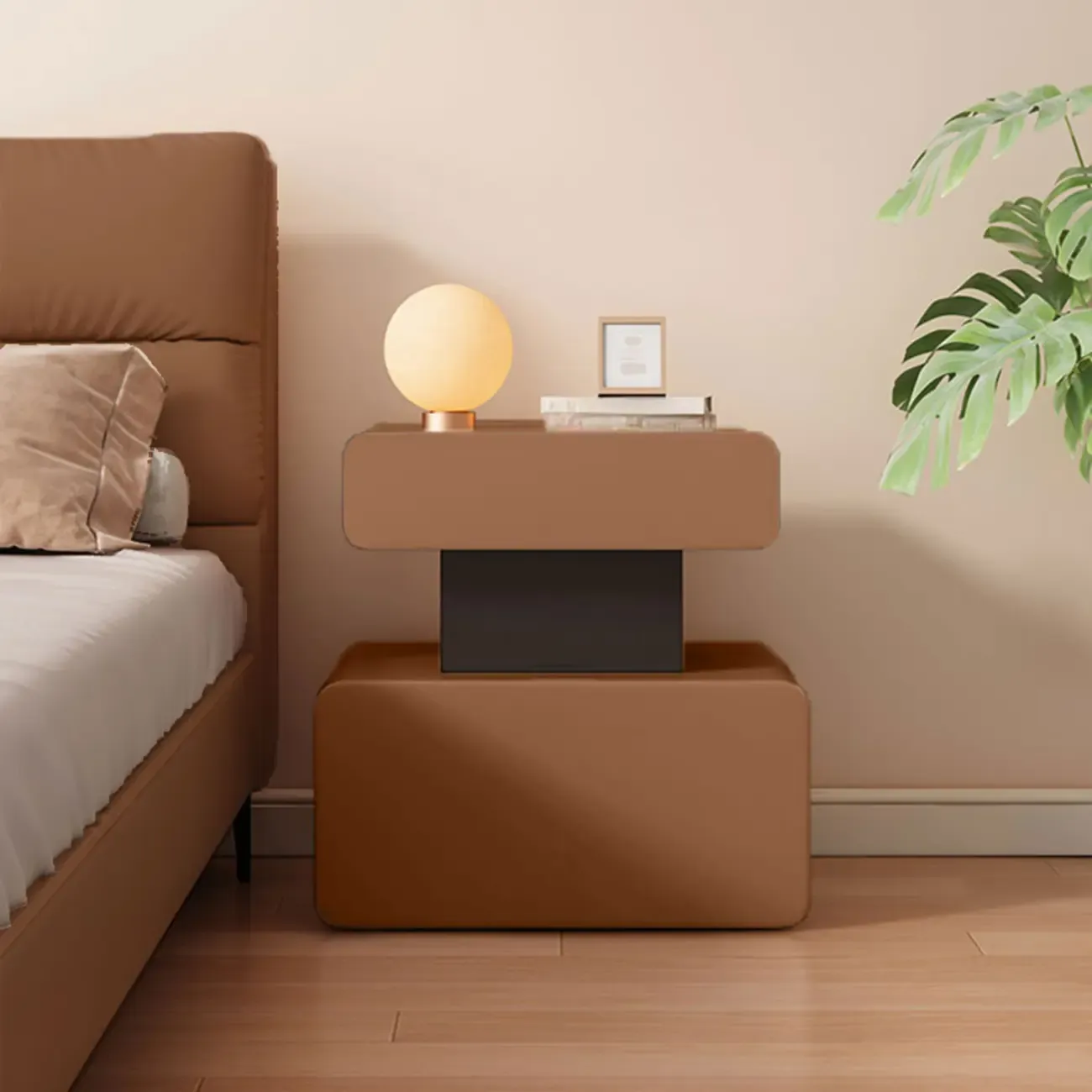 Art Deco Faux Leather Modern Bedroom Nightstand 2 Drawers Image - 13