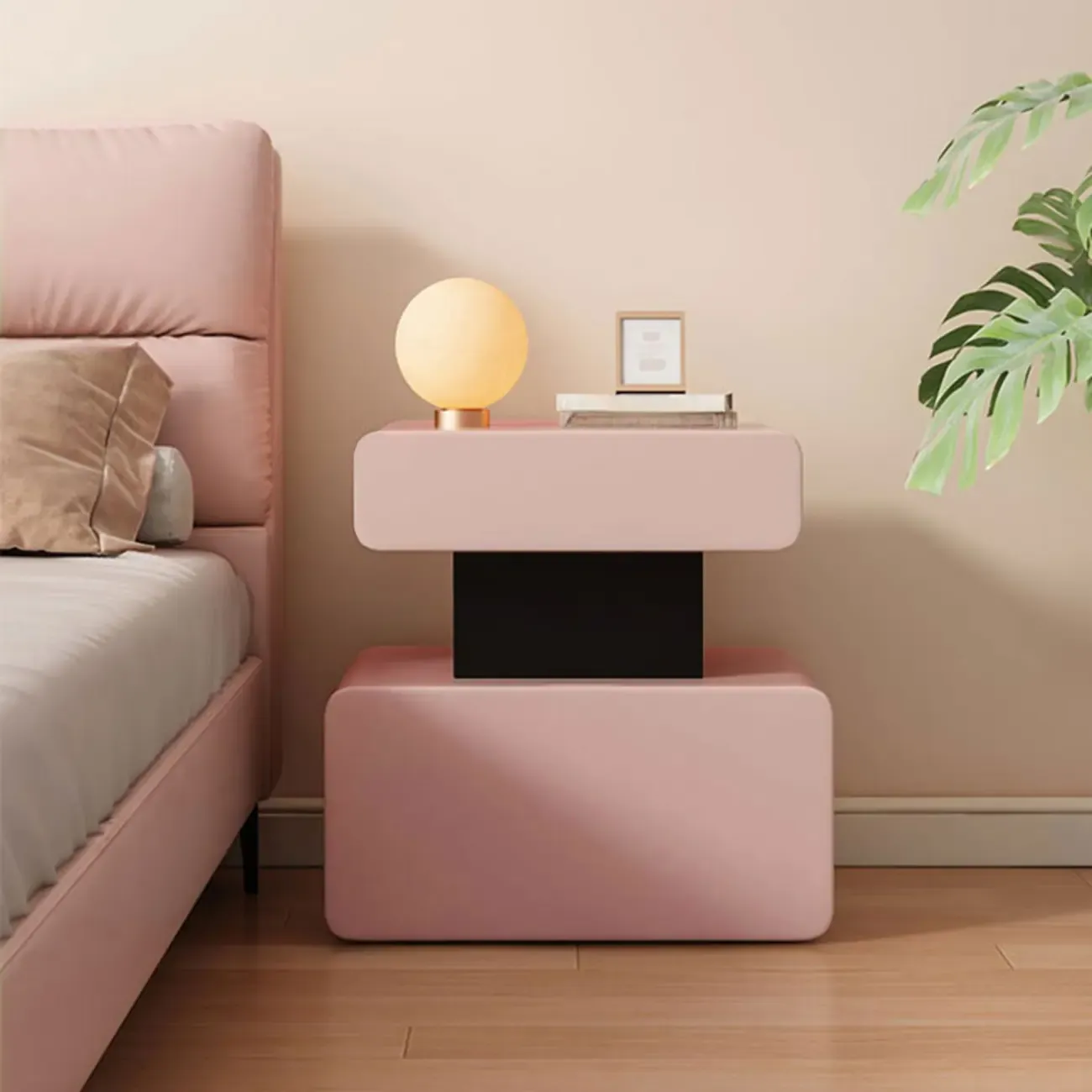 Art Deco Faux Leather Modern Bedroom Nightstand 2 Drawers Image - 14