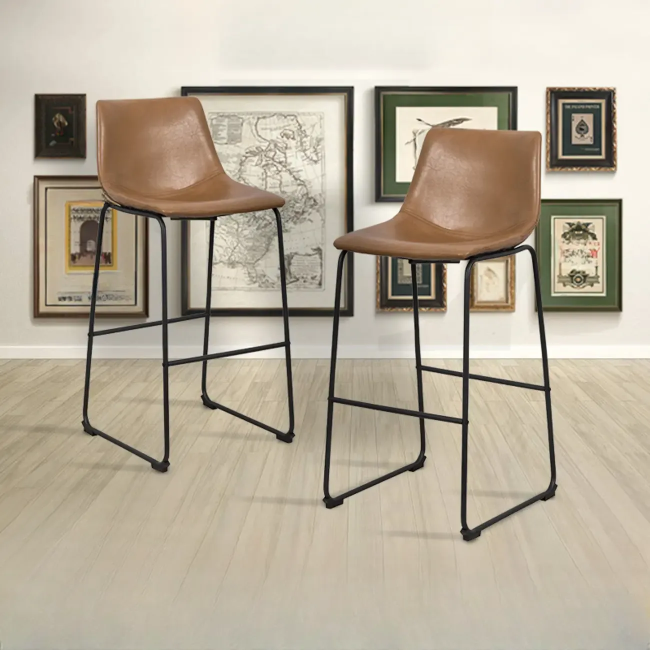 Modern Pedestal Upholstered Leather Counter Height Bar Stools Image - 1