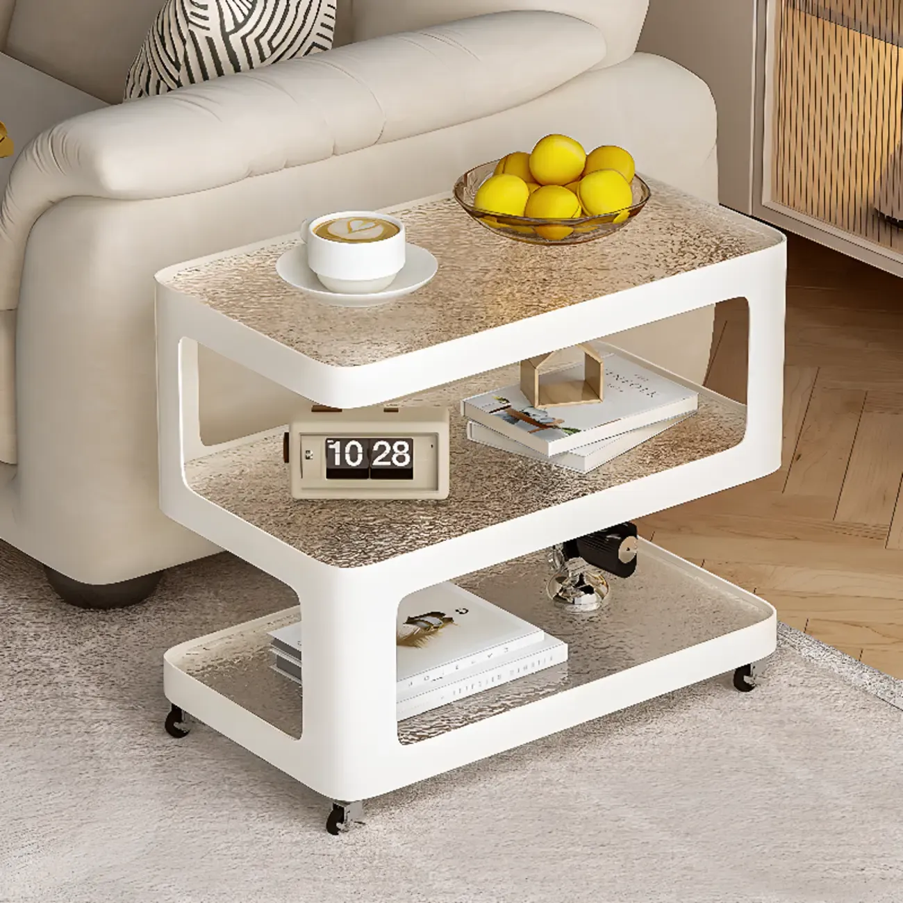 Rectangular Glass Top 3-Layer Storage Mobile Side Table Image - 1