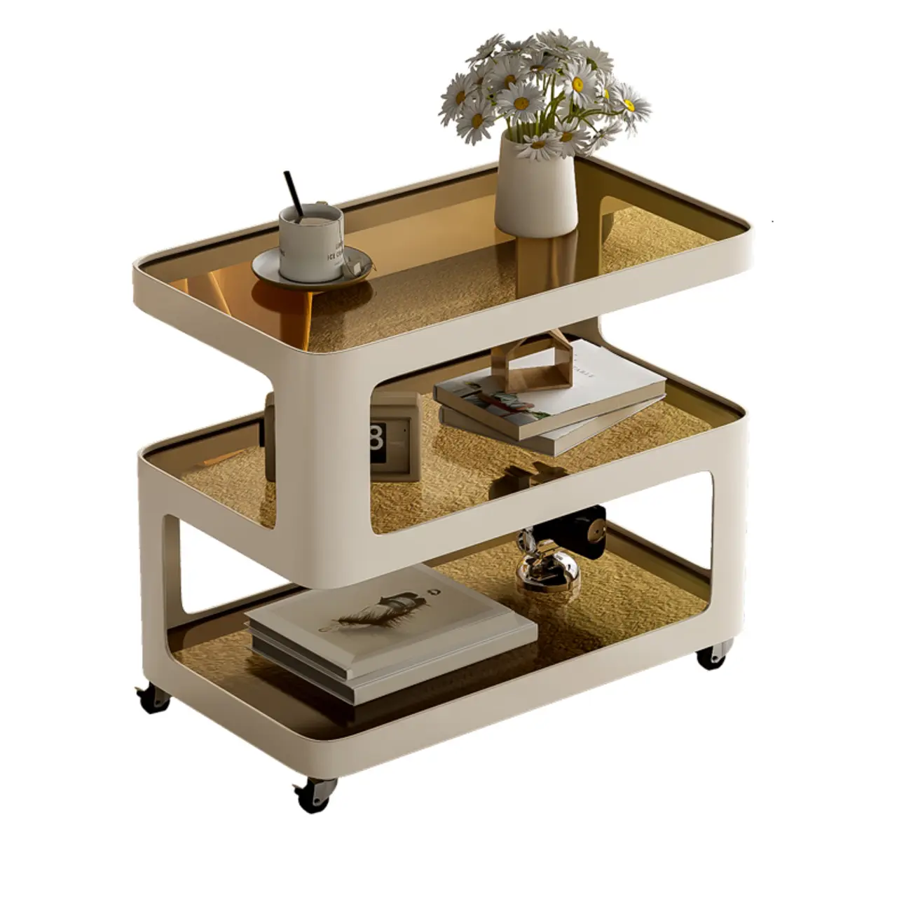 Rectangular Glass Top 3-Layer Storage Mobile Side Table Image - 5 | homeyfad