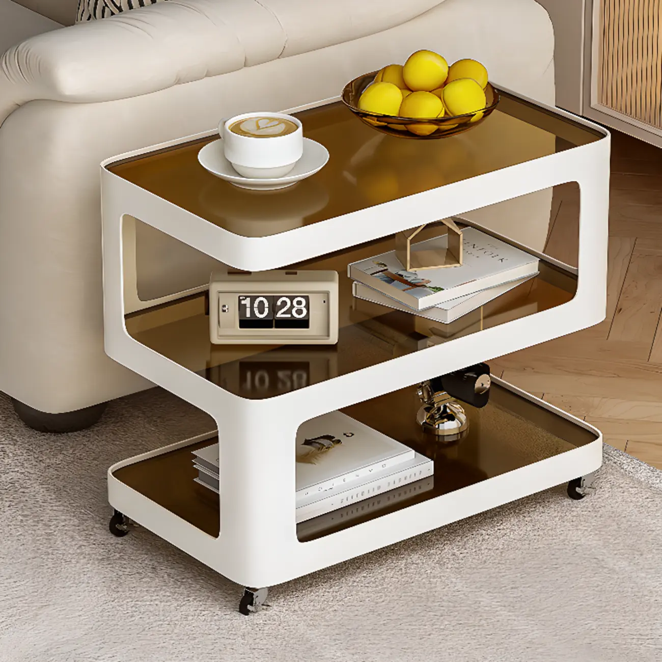Rectangular Glass Top 3-Layer Storage Mobile Side Table Image - 3 | homeyfad