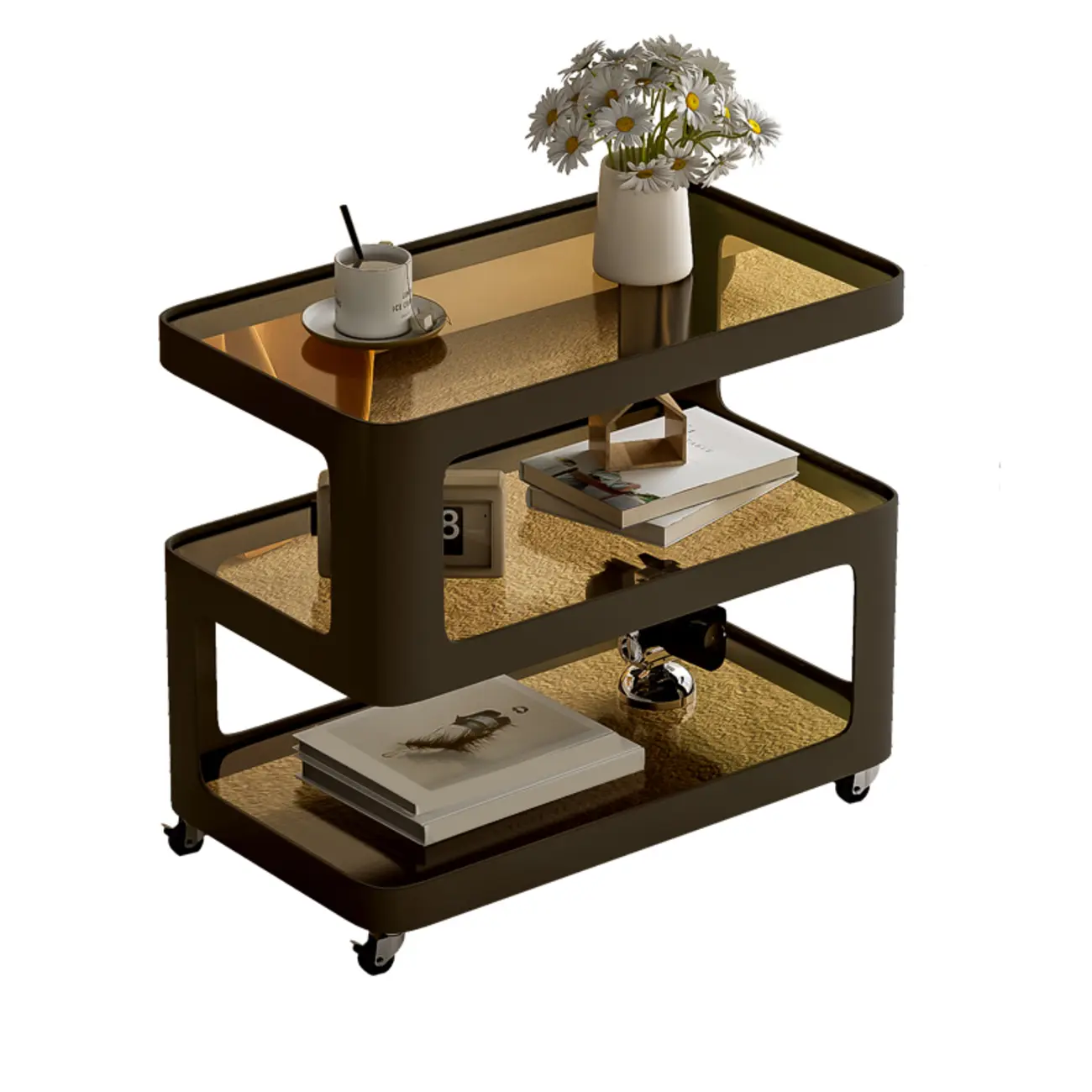 Rectangular Glass Top 3-Layer Storage Mobile Side Table Image - 6 | homeyfad