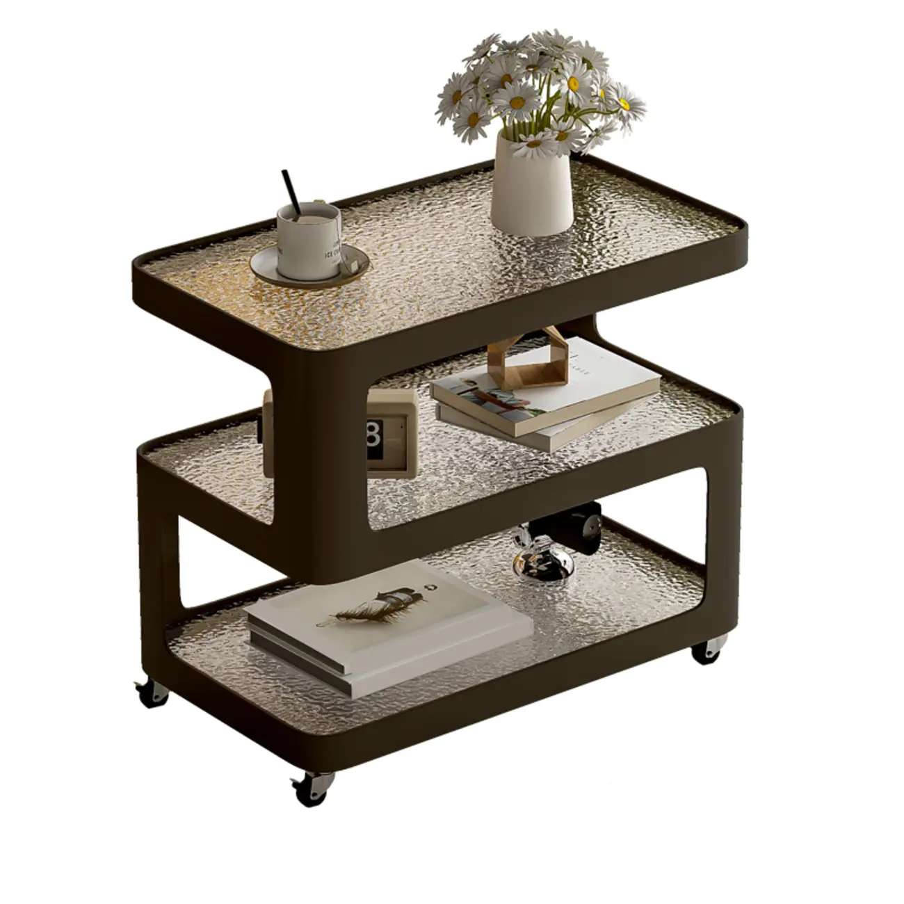 Rectangular Glass Top 3-Layer Storage Mobile Side Table Image - 7 | homeyfad