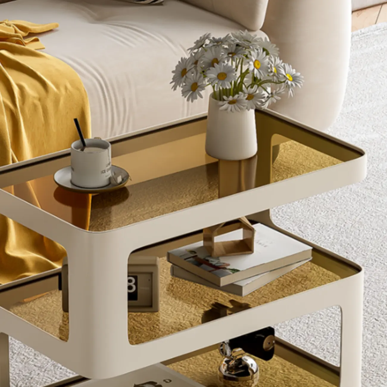 Rectangular Glass Top 3-Layer Storage Mobile Side Table Image - 9 | homeyfad