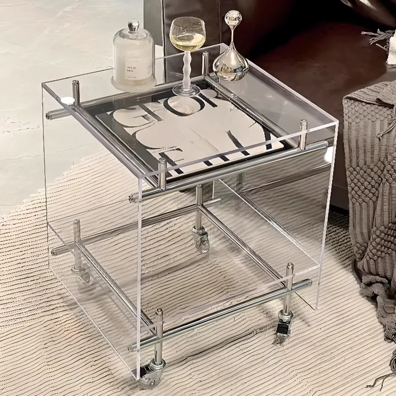 Stylish Clear Acrylic 360° Rolling Cubic Side Table Image - 1