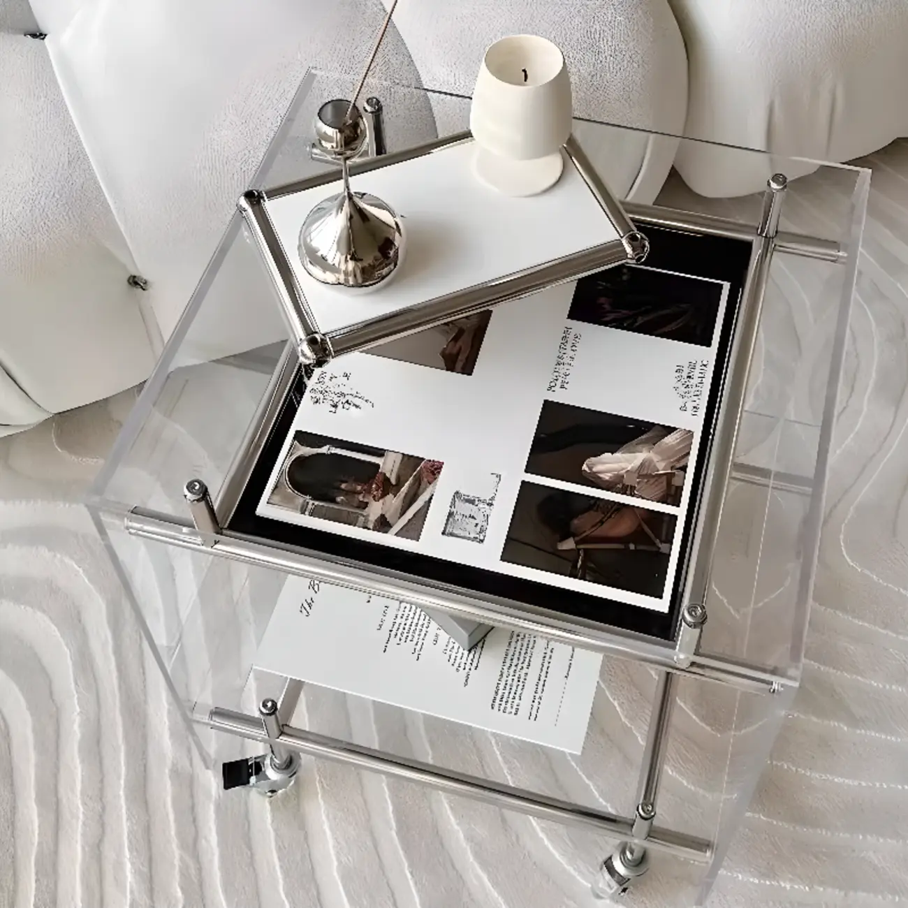 Stylish Clear Acrylic 360° Rolling Cubic Side Table Image - 7 | homeyfad