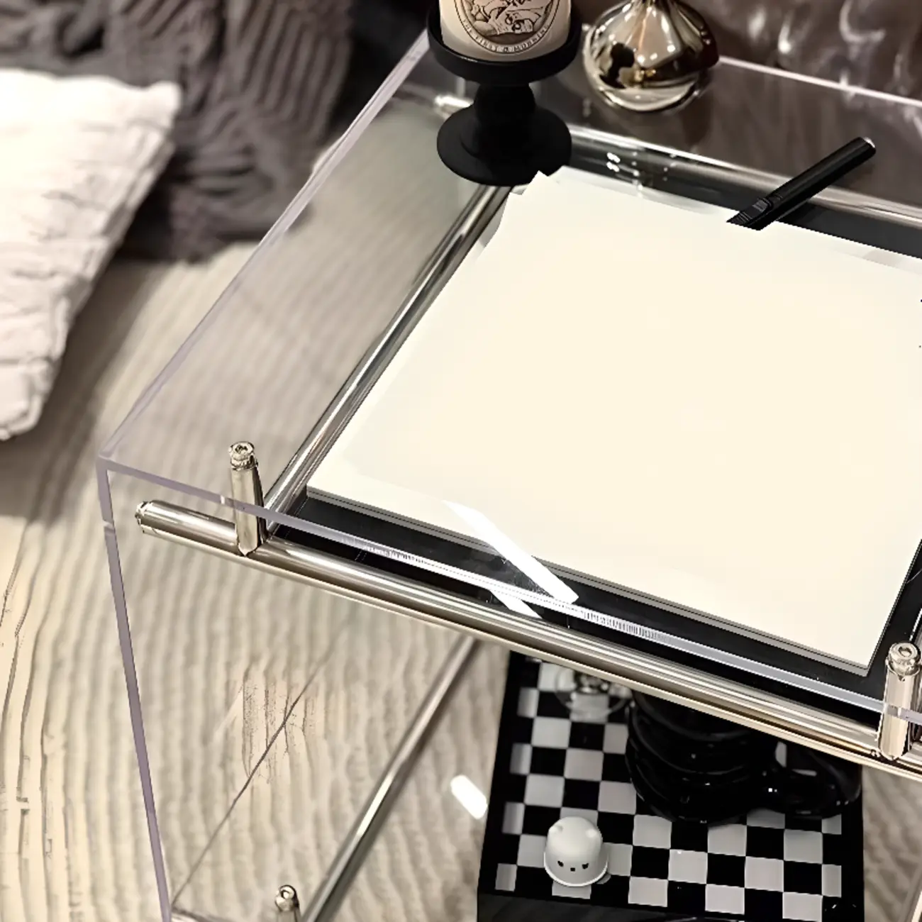 Stylish Clear Acrylic 360° Rolling Cubic Side Table Image - 9 | homeyfad