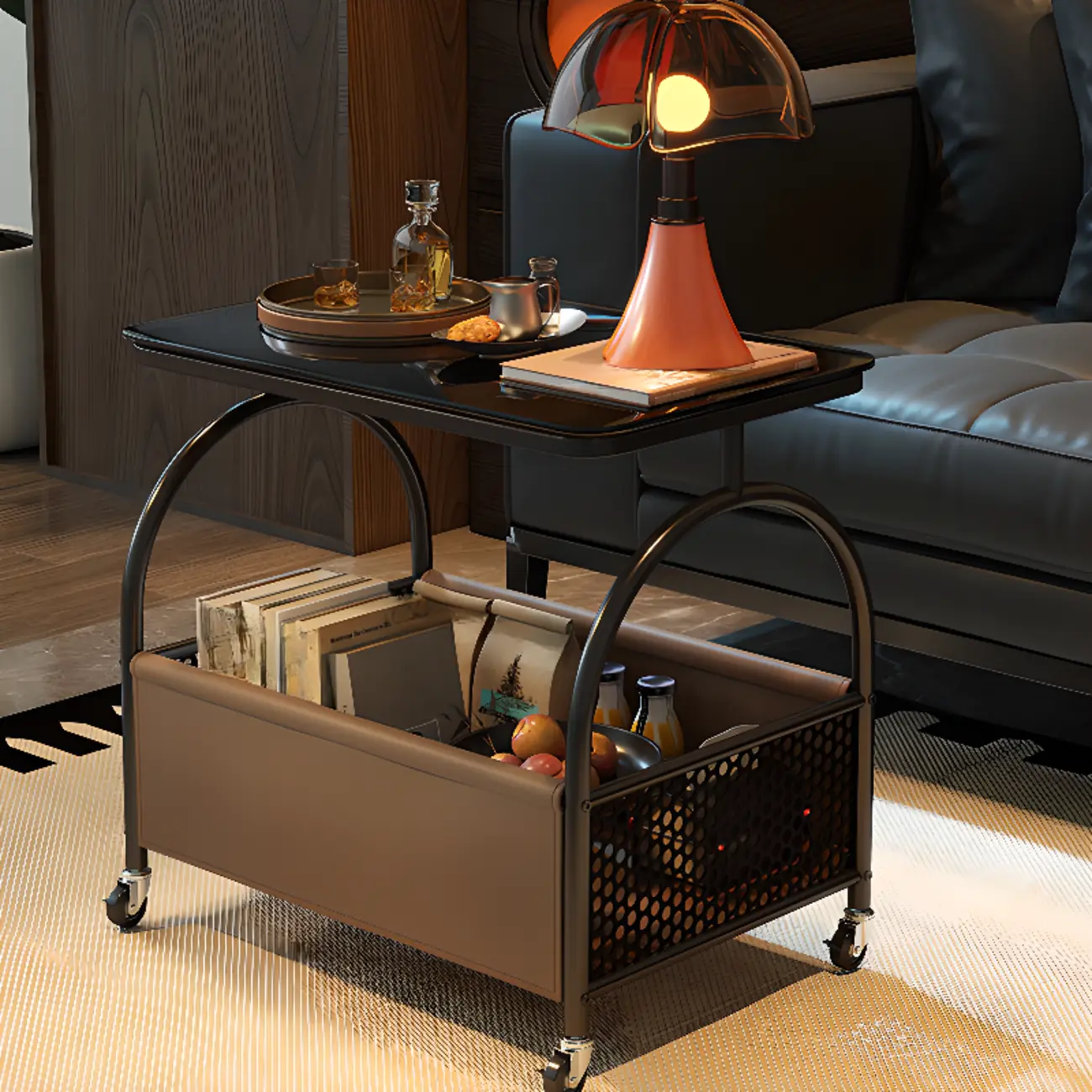 Versatile Glass-Top Metal 360° Rolling Side Table with Storage Image - 5 | homeyfad