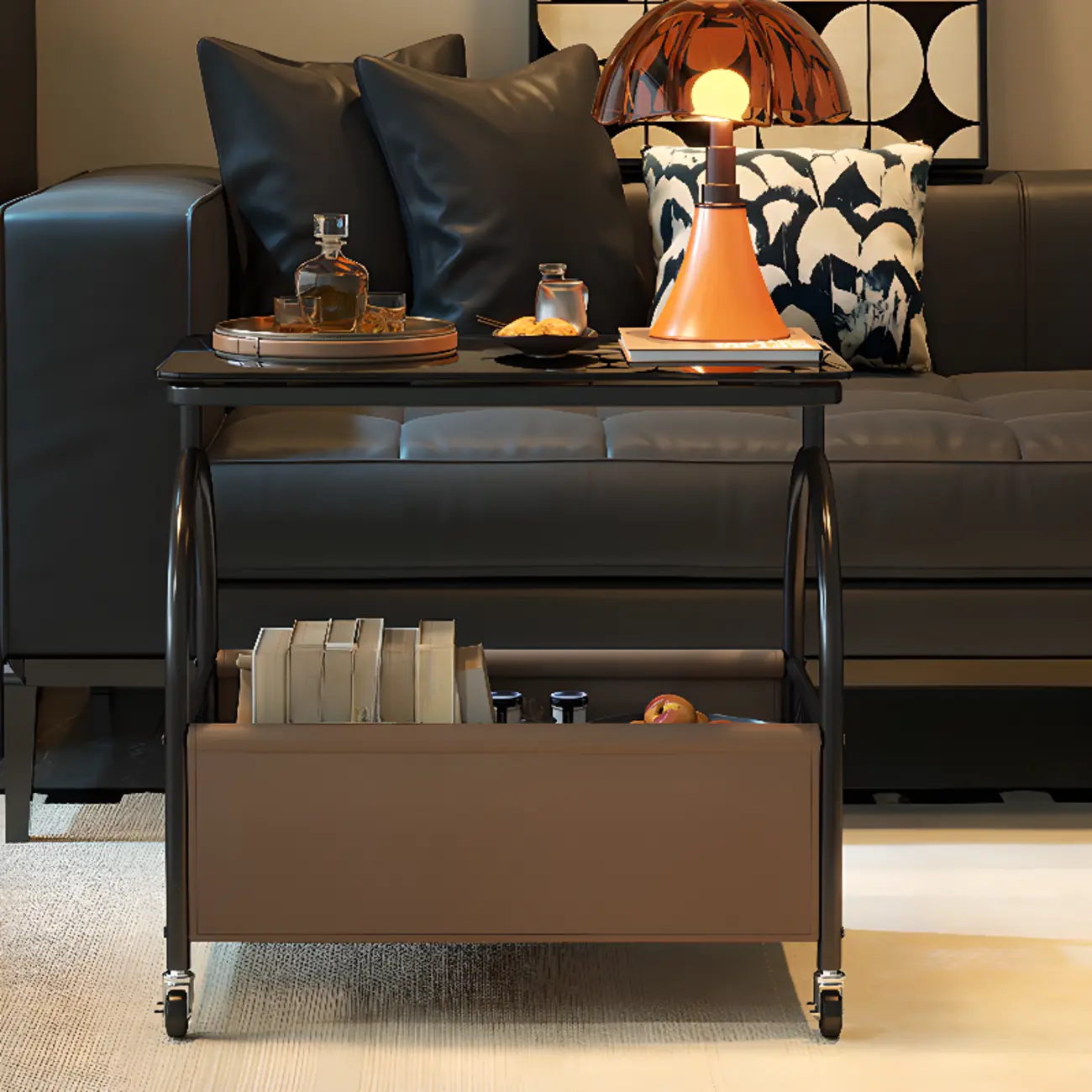 Versatile Glass-Top Metal 360° Rolling Side Table with Storage Image - 6 | homeyfad