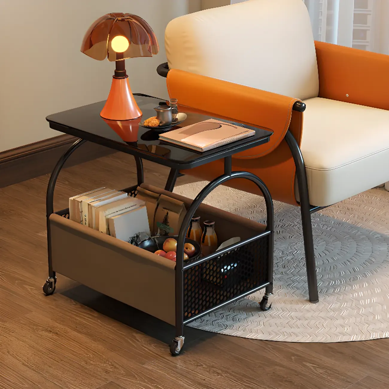 Versatile Glass-Top Metal 360° Rolling Side Table with Storage Image - 1