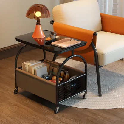 Versatile Glass-Top Metal 360° Rolling Side Table with Storage Image - 1