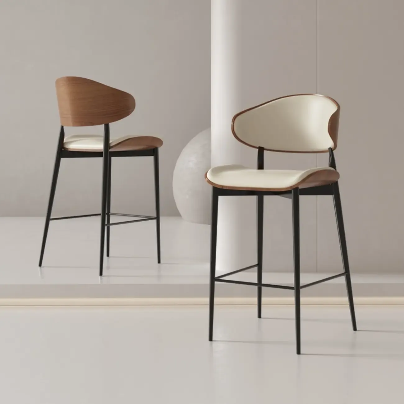 Modern Brown Black Leather Curved Back Bar Stools Image - 3