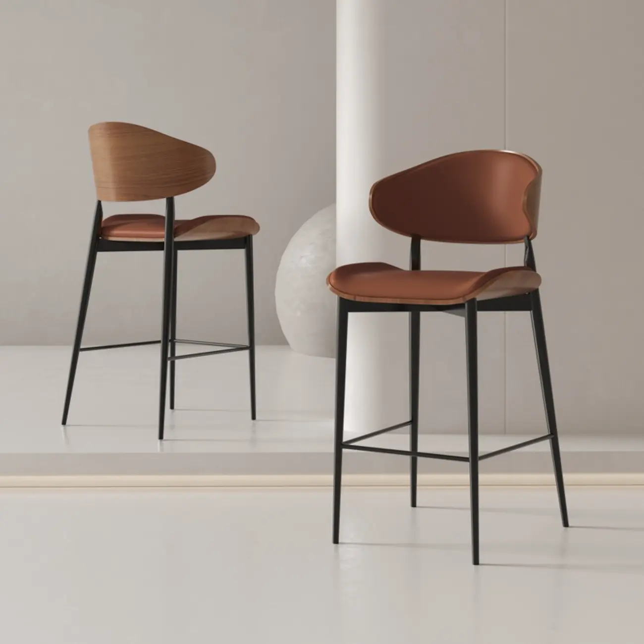 Modern Brown Black Leather Curved Back Bar Stools Image - 4 | homeyfad