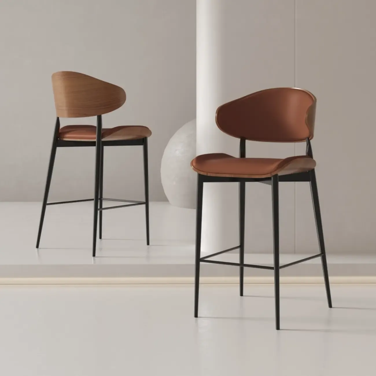 Modern Brown Black Leather Curved Back Bar Stools Image - 4