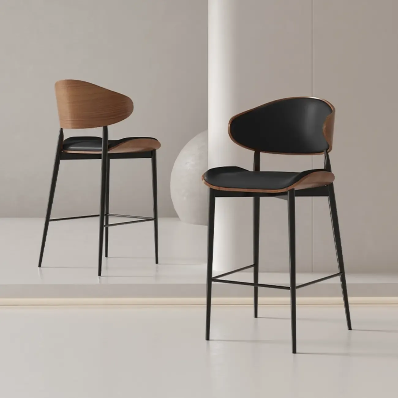 Modern Brown Black Leather Curved Back Bar Stools Image - 5