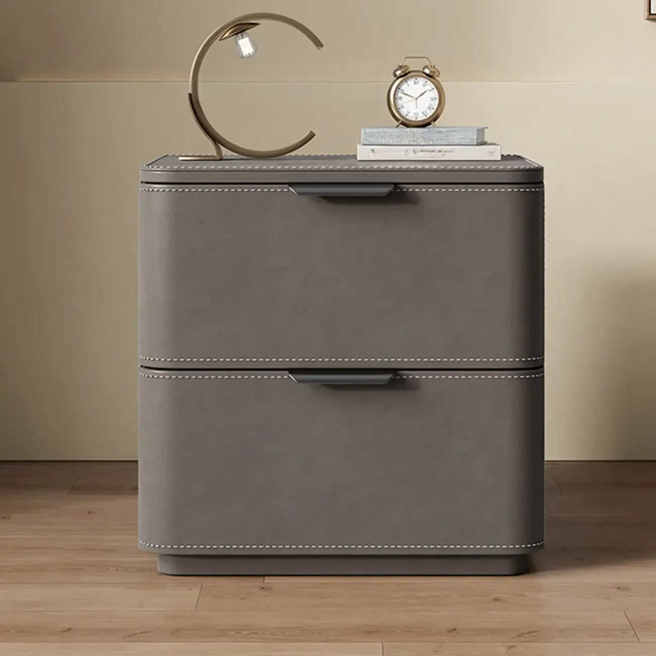 Minimalist Narrow Cubic Leather Wood 2-Drawer Nightstand Image - 1