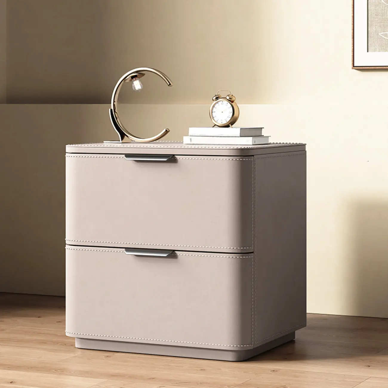 Minimalist Narrow Cubic Leather Wood 2-Drawer Nightstand Image - 4 | homeyfad