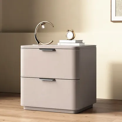 Minimalist Narrow Cubic Leather Wood 2-Drawer Nightstand Image - 4