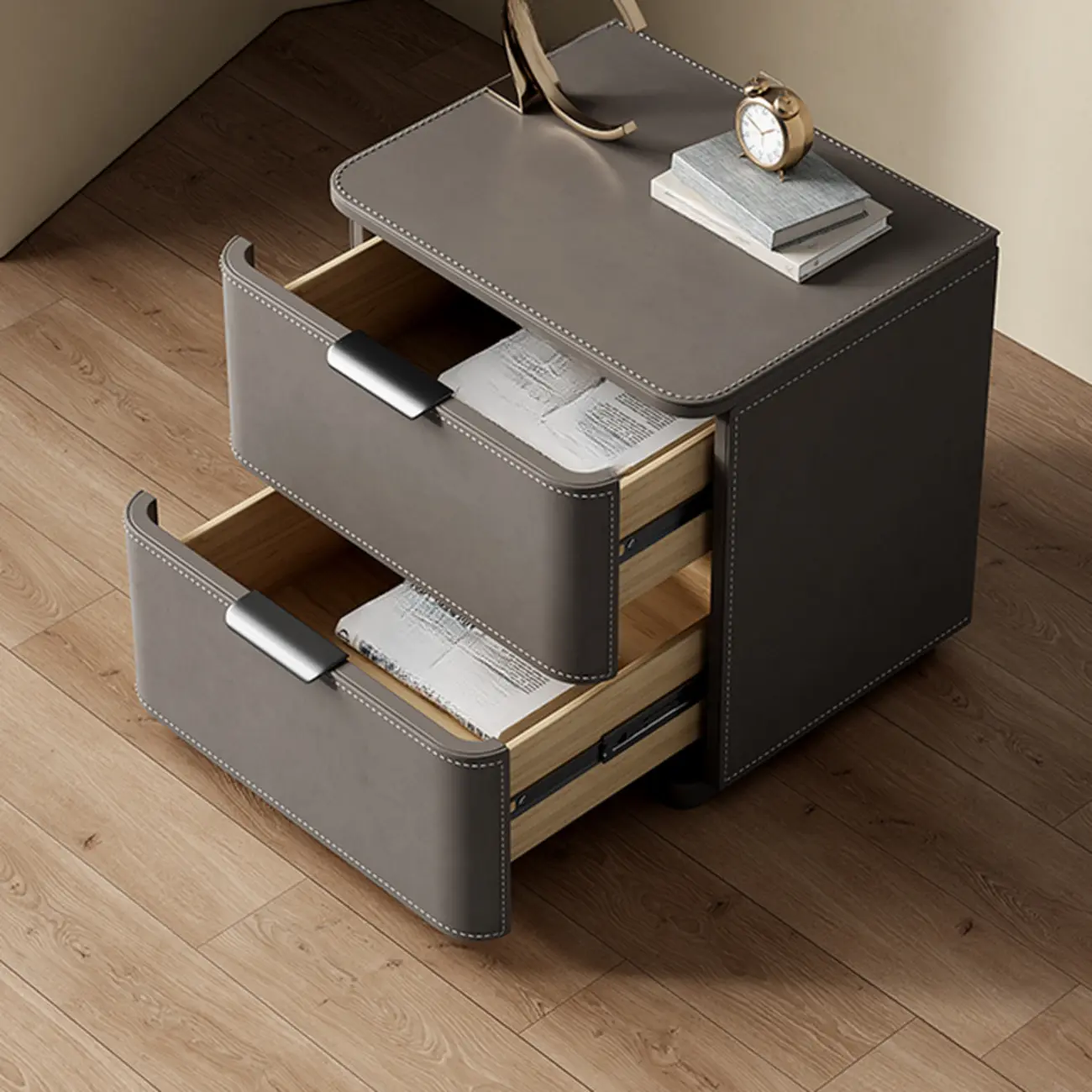 Minimalist Narrow Cubic Leather Wood 2-Drawer Nightstand Image - 2 | homeyfad