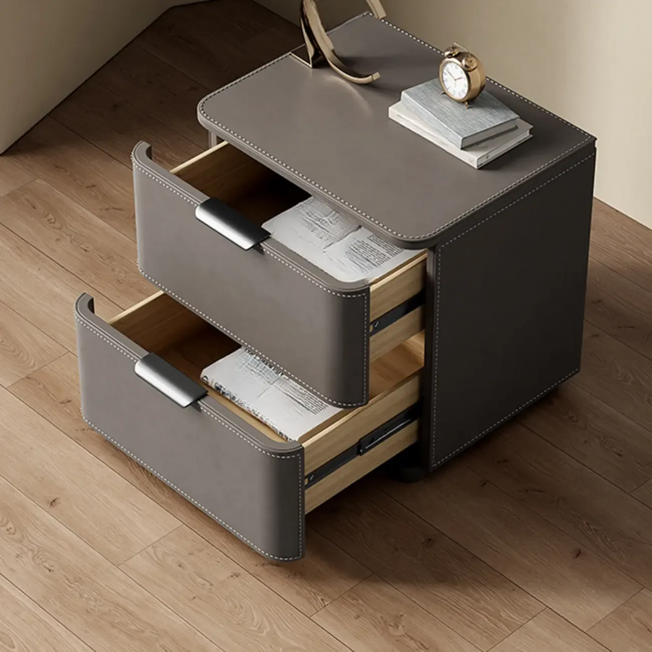 Minimalist Narrow Cubic Leather Wood 2-Drawer Nightstand Image - 2