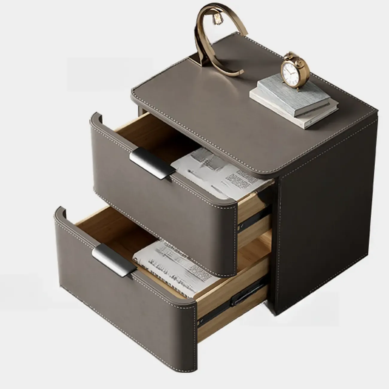 Minimalist Narrow Cubic Leather Wood 2-Drawer Nightstand Image - 5