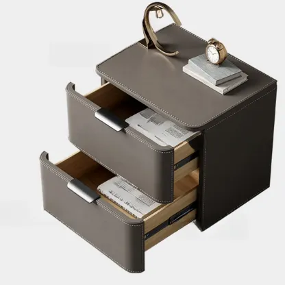 Minimalist Narrow Cubic Leather Wood 2-Drawer Nightstand Image - 5