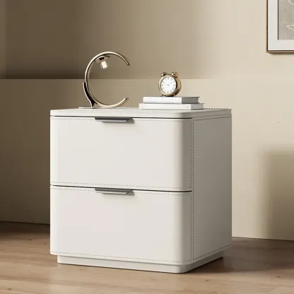 Minimalist Narrow Cubic Leather Wood 2-Drawer Nightstand Image - 6