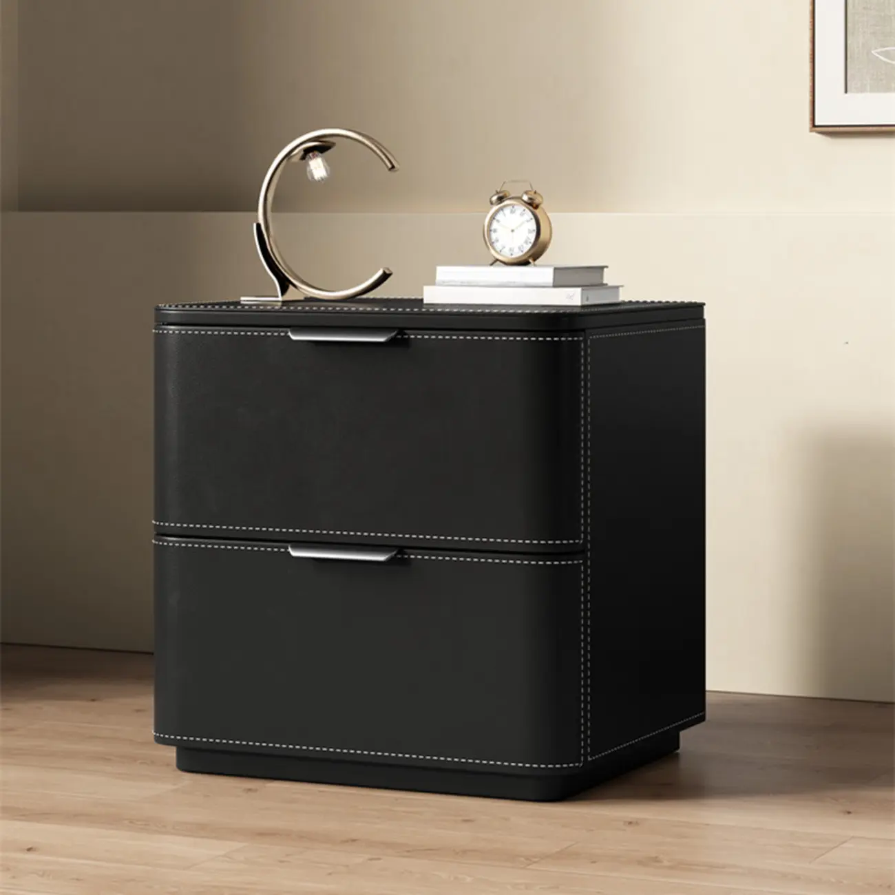 Minimalist Narrow Cubic Leather Wood 2-Drawer Nightstand Image - 7 | homeyfad