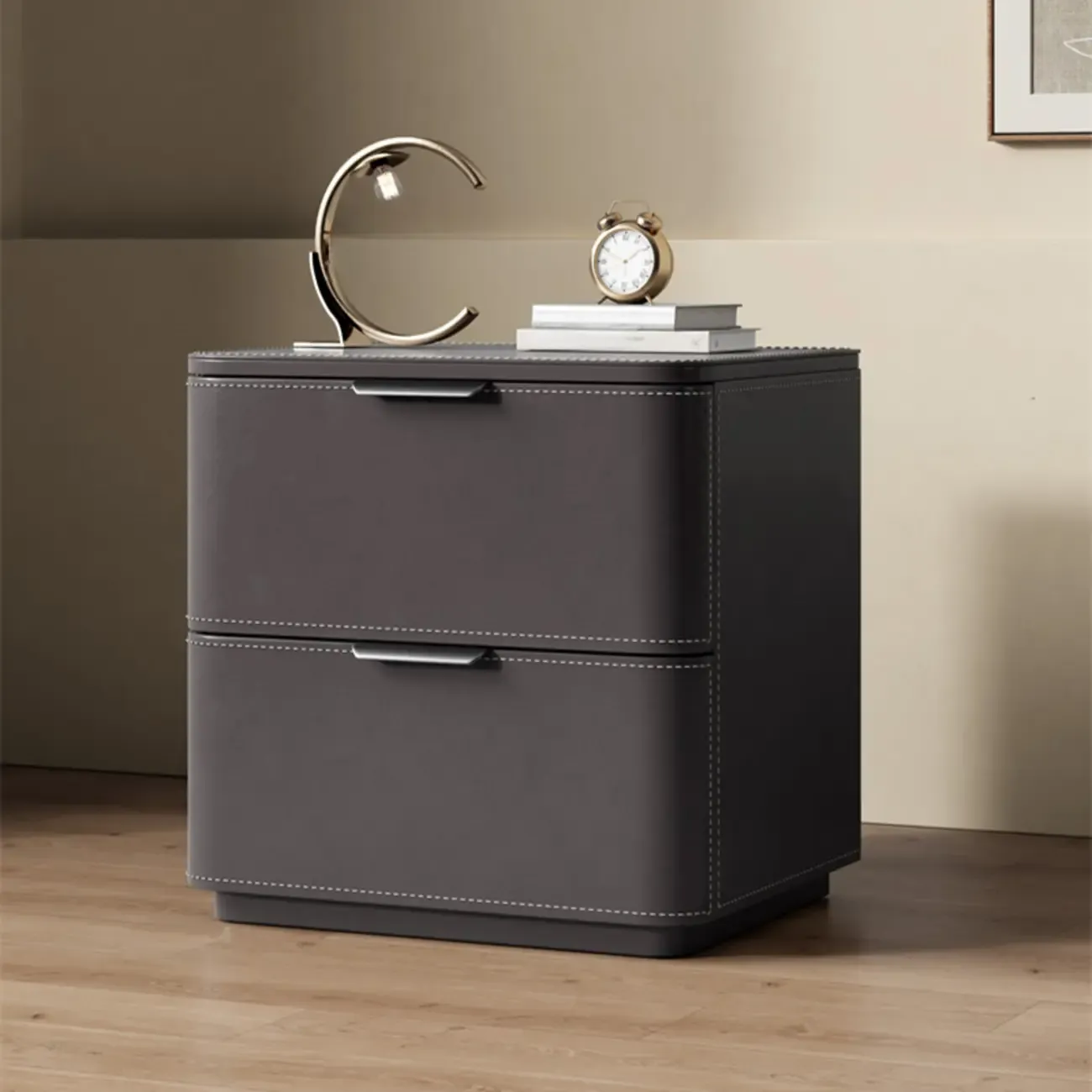 Minimalist Narrow Cubic Leather Wood 2-Drawer Nightstand Image - 9