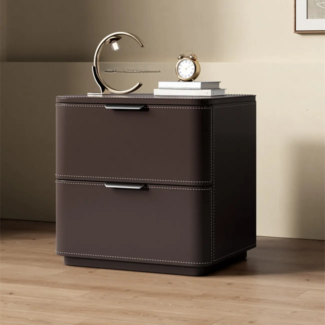 Minimalist Narrow Cubic Leather Wood 2-Drawer Nightstand Image - 11 | homeyfad