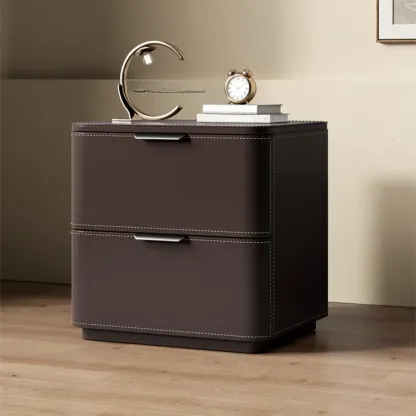 Minimalist Narrow Cubic Leather Wood 2-Drawer Nightstand Image - 11