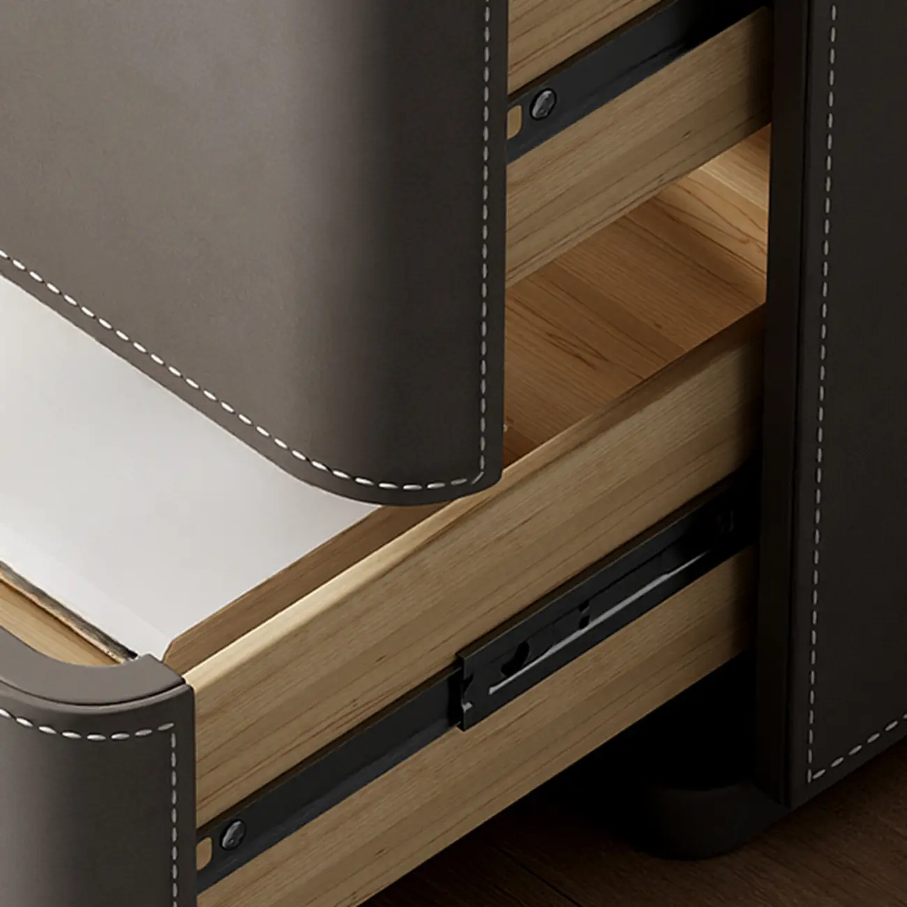 Minimalist Narrow Cubic Leather Wood 2-Drawer Nightstand Image - 12 | homeyfad