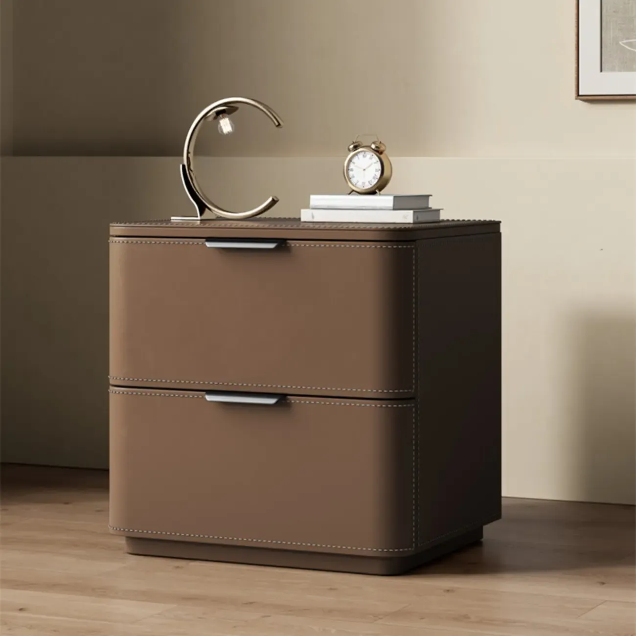 Minimalist Narrow Cubic Leather Wood 2-Drawer Nightstand Image - 14