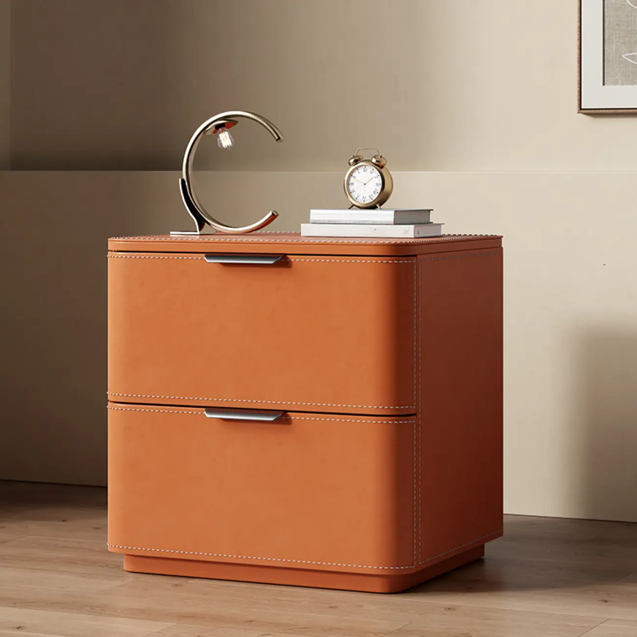 Minimalist Narrow Cubic Leather Wood 2-Drawer Nightstand Image - 15 | homeyfad