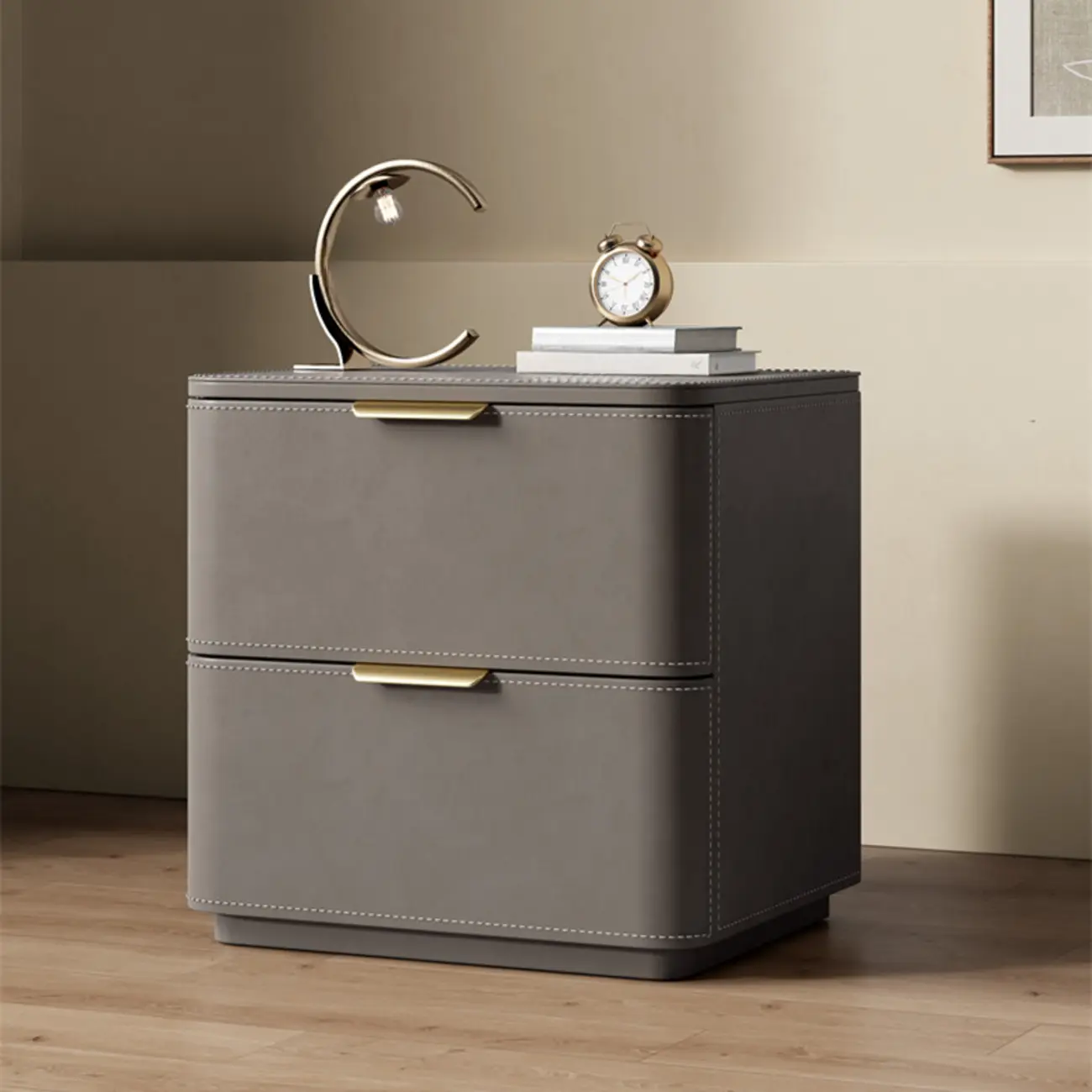 Minimalist Narrow Cubic Leather Wood 2-Drawer Nightstand Image - 17 | homeyfad